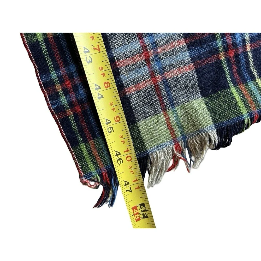 Vintage Metro Plaid Wool Scarf Green Blue Red Fringe Winter Unisex Retro
